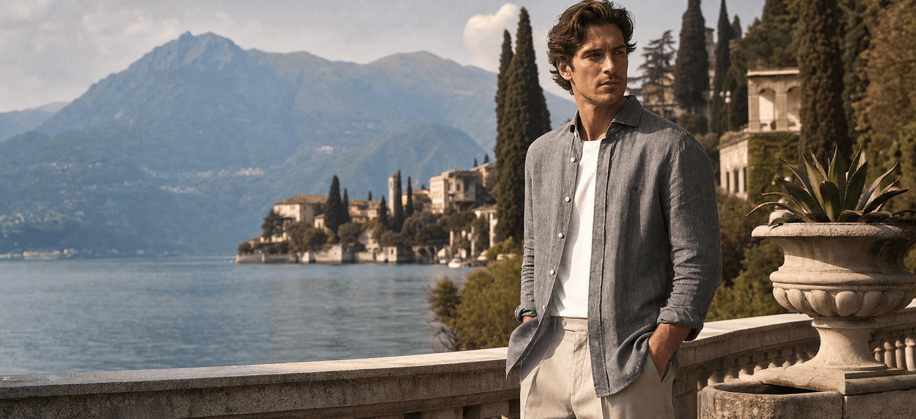 Grey Guys relaxed shirt on a Lake Como terrace