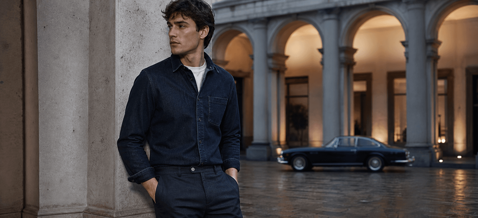 Grey Guys dark denim in a Milan courtyard