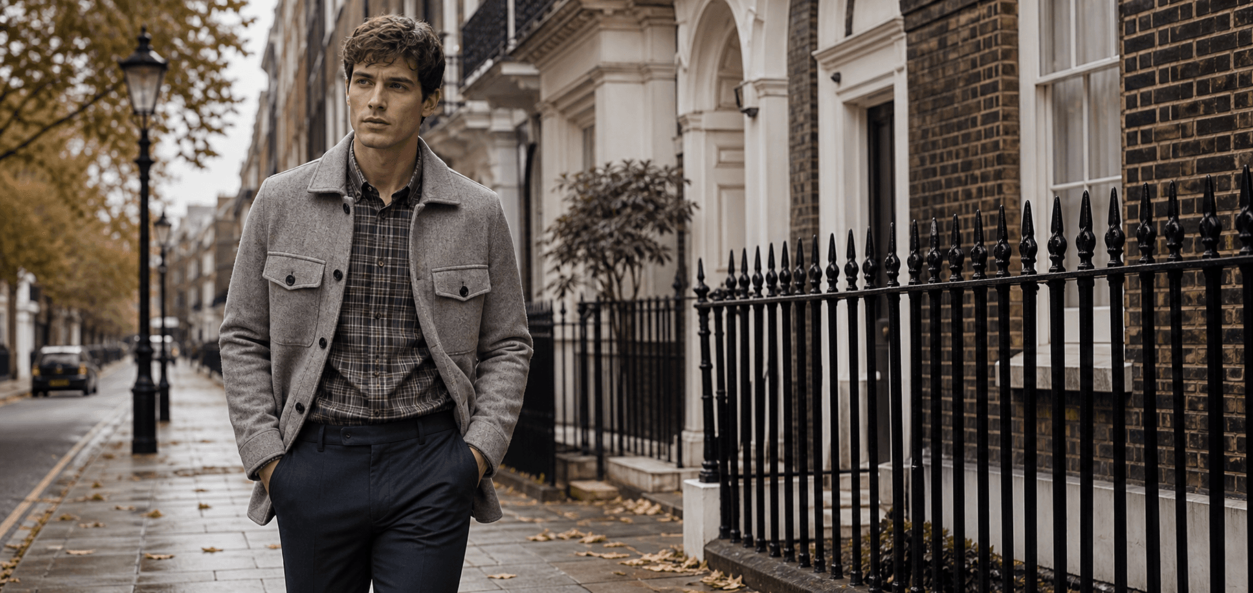 Grey Guys layered shirt on a London townhouse street